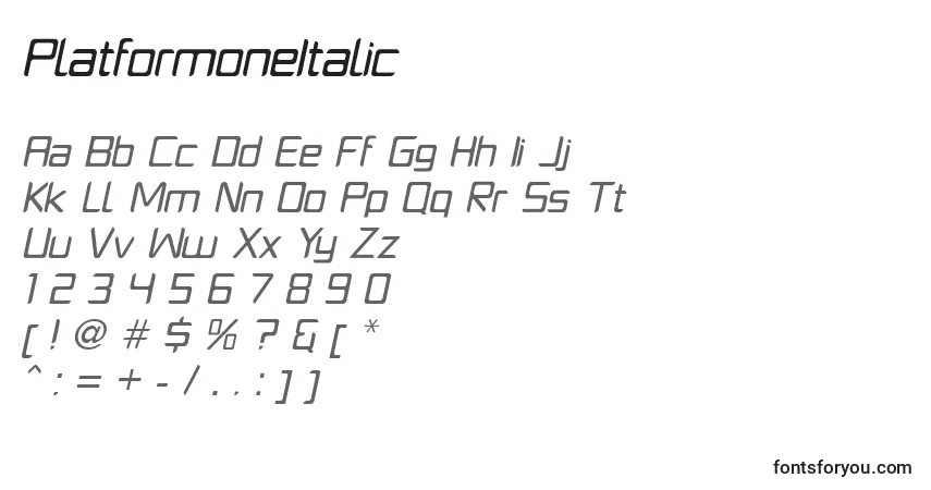 Шрифт PlatformoneItalic – алфавит, цифры, специальные символы
