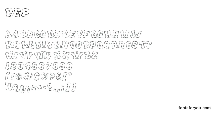 Schriftart Pep – Alphabet, Zahlen, spezielle Symbole