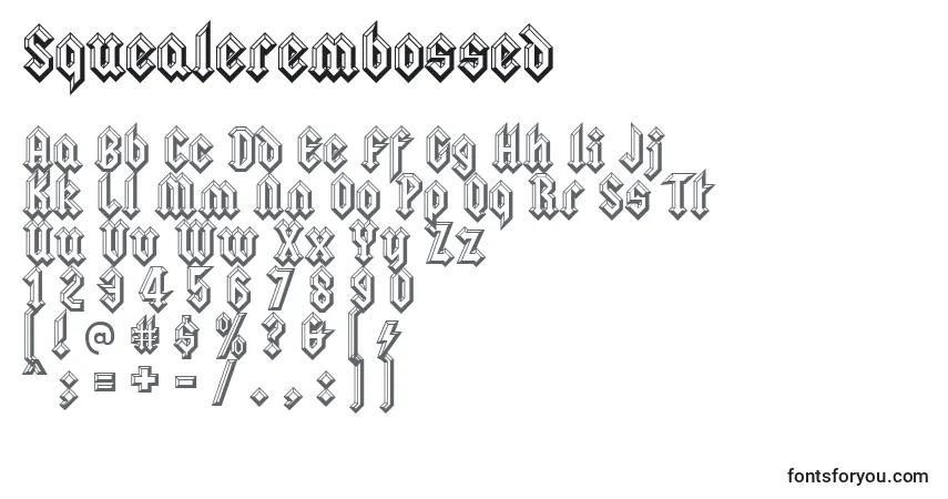 Czcionka Squealerembossed – alfabet, cyfry, specjalne znaki
