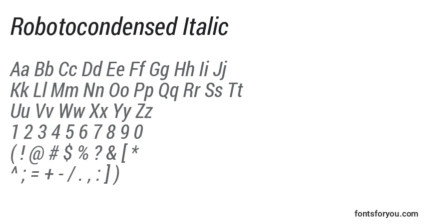 A fonte Robotocondensed Italic – alfabeto, números, caracteres especiais