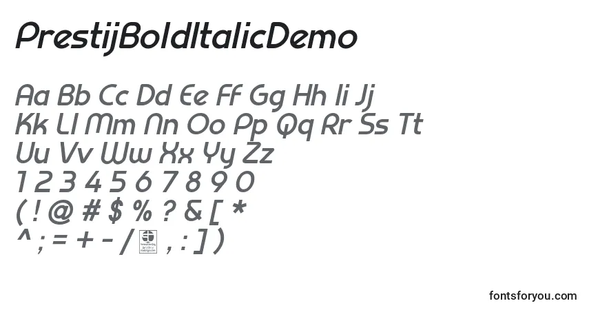Schriftart PrestijBoldItalicDemo – Alphabet, Zahlen, spezielle Symbole
