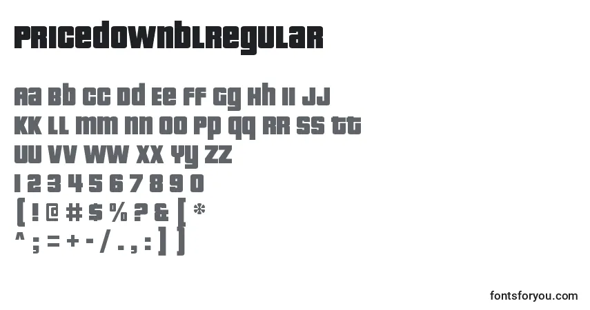 A fonte PricedownblRegular – alfabeto, números, caracteres especiais