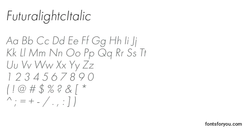 A fonte FuturalightcItalic – alfabeto, números, caracteres especiais