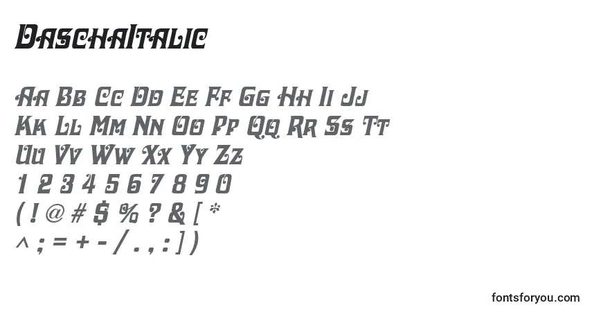 Шрифт DaschaItalic – алфавит, цифры, специальные символы