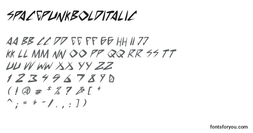 A fonte SpacePunkBoldItalic – alfabeto, números, caracteres especiais