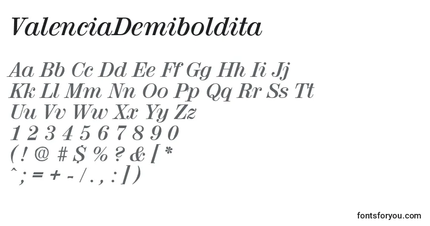 Czcionka ValenciaDemiboldita – alfabet, cyfry, specjalne znaki