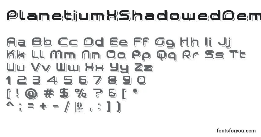 Czcionka PlanetiumXShadowedDemo – alfabet, cyfry, specjalne znaki