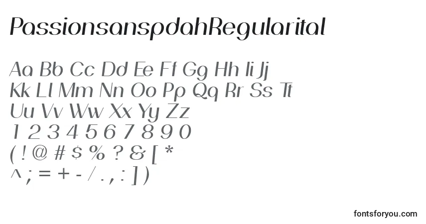 A fonte PassionsanspdahRegularital – alfabeto, números, caracteres especiais