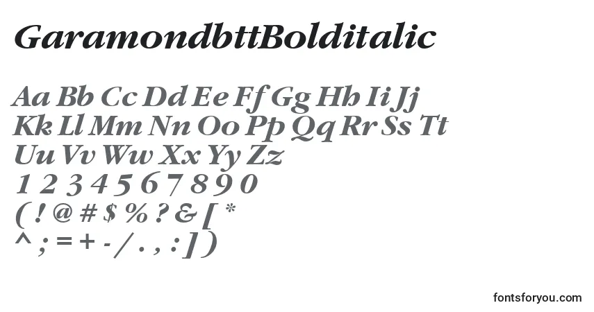 Czcionka GaramondbttBolditalic – alfabet, cyfry, specjalne znaki