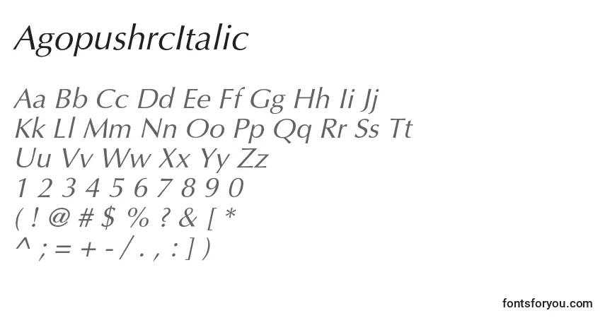 Schriftart AgopushrcItalic – Alphabet, Zahlen, spezielle Symbole