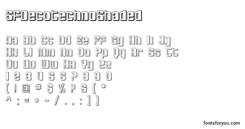 A fonte SfDecotechnoShaded – alfabeto, números, caracteres especiais