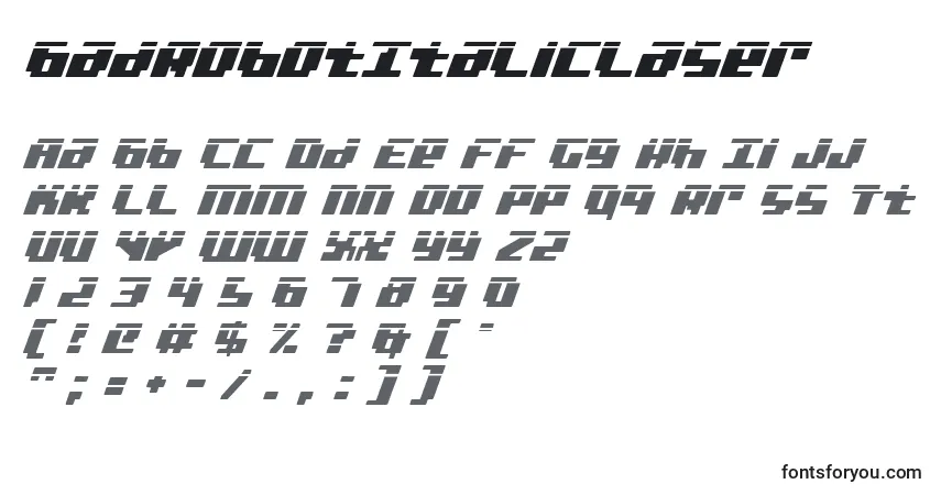 Czcionka BadRobotItalicLaser – alfabet, cyfry, specjalne znaki