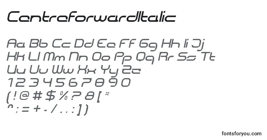 Schriftart CentreforwardItalic – Alphabet, Zahlen, spezielle Symbole