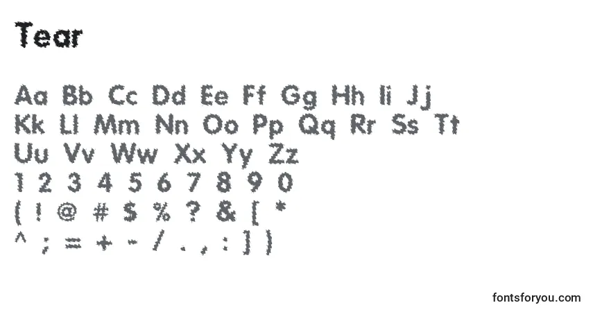 Czcionka Tear – alfabet, cyfry, specjalne znaki
