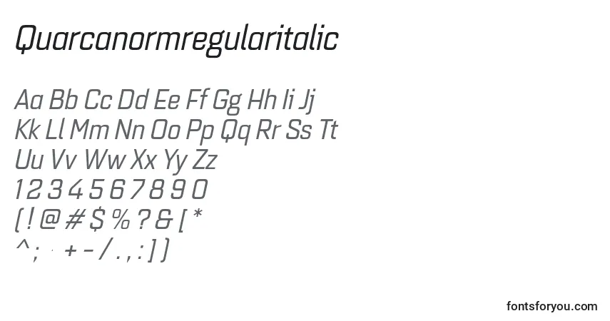 A fonte Quarcanormregularitalic – alfabeto, números, caracteres especiais