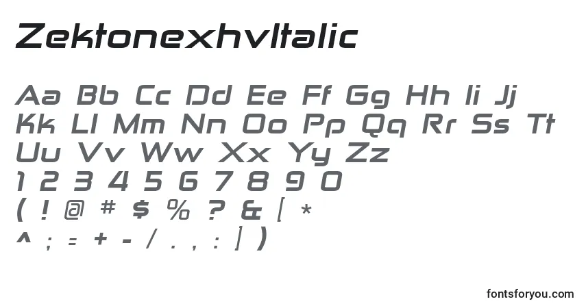 characters of zektonexhvitalic font, letter of zektonexhvitalic font, alphabet of  zektonexhvitalic font