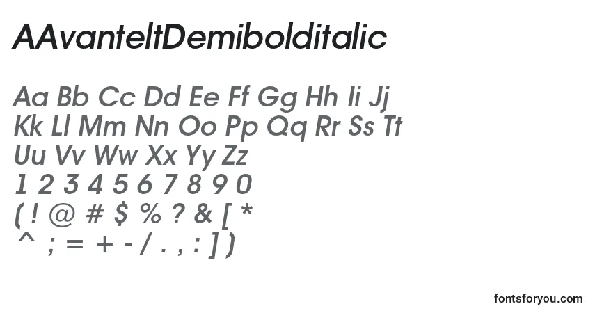 A fonte AAvanteltDemibolditalic – alfabeto, números, caracteres especiais