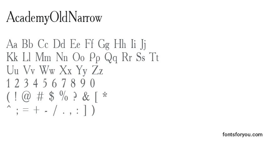 Czcionka AcademyOldNarrow – alfabet, cyfry, specjalne znaki
