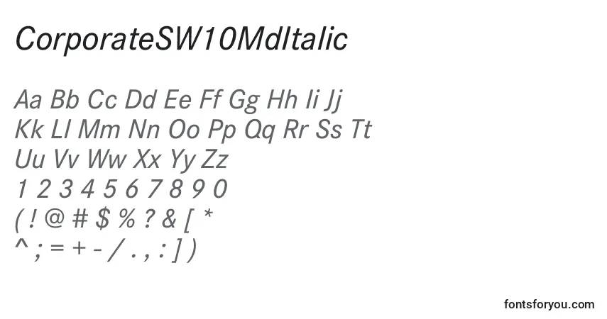 A fonte CorporateSW10MdItalic – alfabeto, números, caracteres especiais