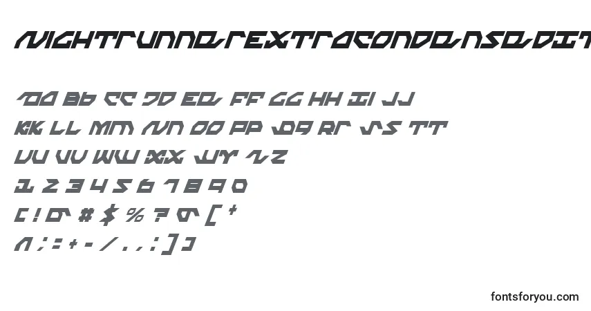 Шрифт NightrunnerExtraCondensedItalic – алфавит, цифры, специальные символы