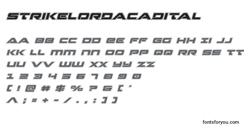 Czcionka Strikelordacadital – alfabet, cyfry, specjalne znaki