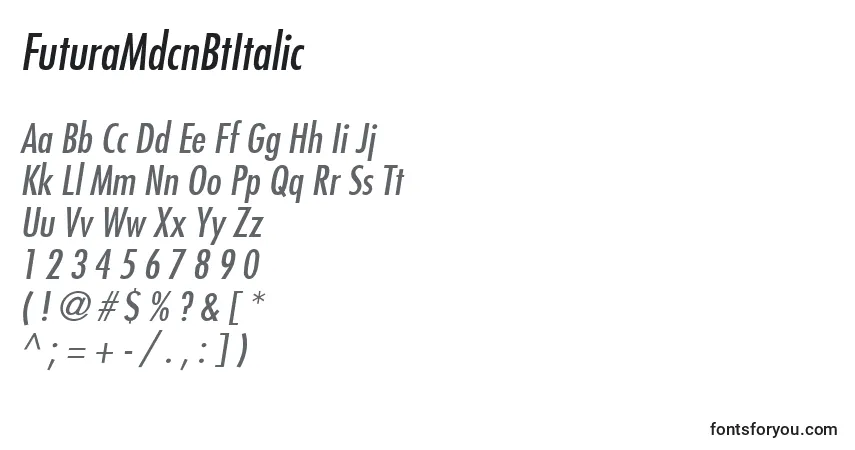 Schriftart FuturaMdcnBtItalic – Alphabet, Zahlen, spezielle Symbole