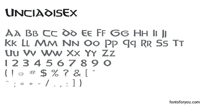 Czcionka UnciadisEx – alfabet, cyfry, specjalne znaki