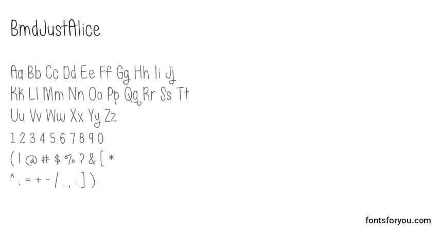 Schriftart BmdJustAlice (65454) – Alphabet, Zahlen, spezielle Symbole