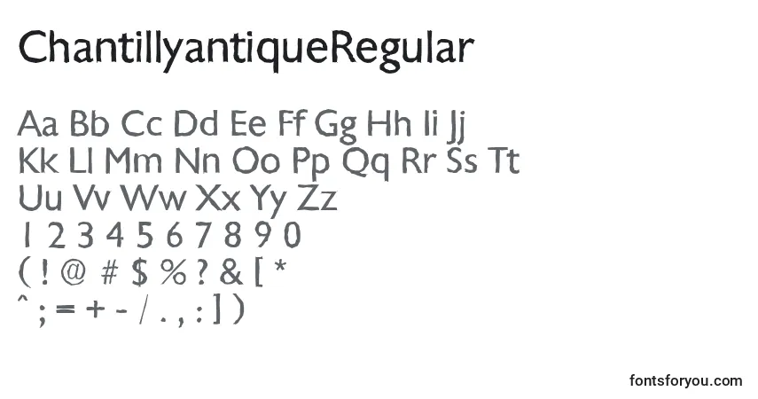 Czcionka ChantillyantiqueRegular – alfabet, cyfry, specjalne znaki