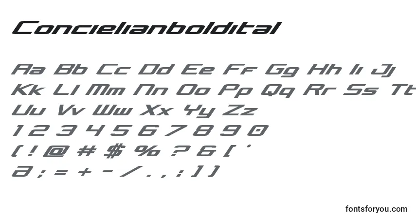 Schriftart Concielianboldital – Alphabet, Zahlen, spezielle Symbole