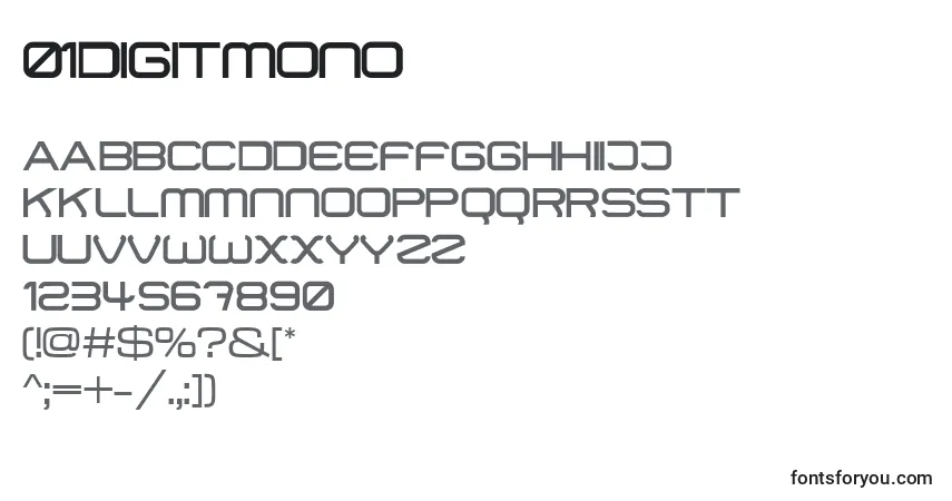 Schriftart 01Digitmono – Alphabet, Zahlen, spezielle Symbole