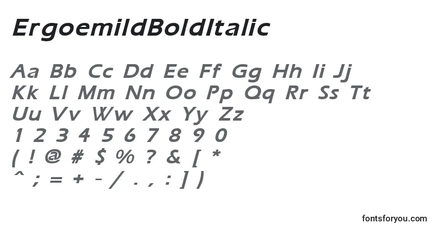 Czcionka ErgoemildBoldItalic – alfabet, cyfry, specjalne znaki