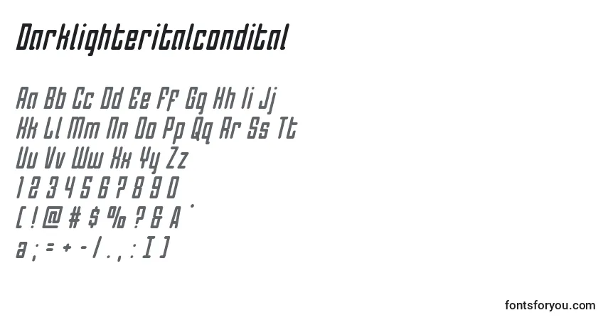 Schriftart Darklighteritalcondital – Alphabet, Zahlen, spezielle Symbole