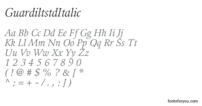 Шрифт GuardiltstdItalic – алфавит, цифры, специальные символы