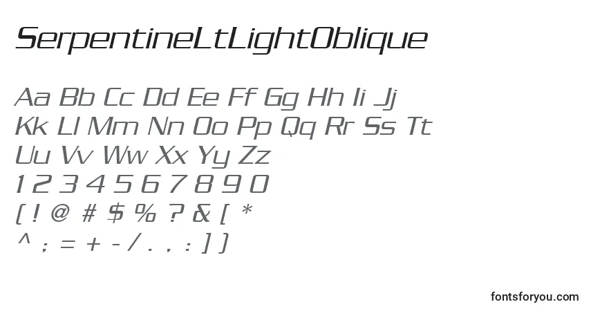 A fonte SerpentineLtLightOblique – alfabeto, números, caracteres especiais