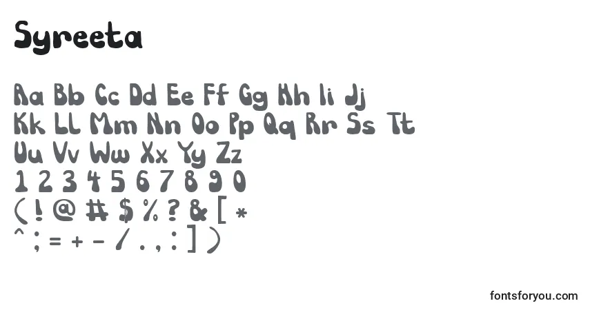 Czcionka Syreeta – alfabet, cyfry, specjalne znaki
