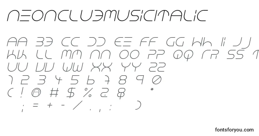 Шрифт NeonClubMusicItalic – алфавит, цифры, специальные символы