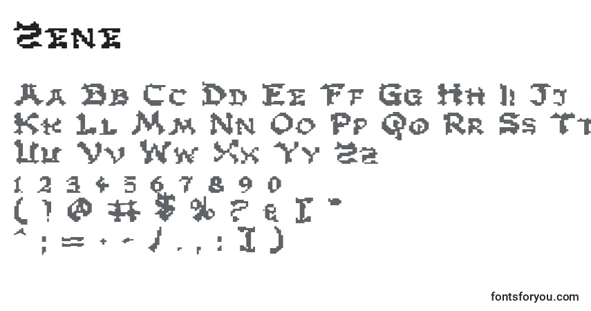 Schriftart Zene – Alphabet, Zahlen, spezielle Symbole