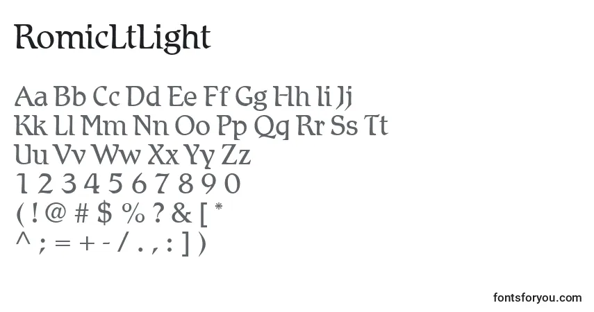 A fonte RomicLtLight – alfabeto, números, caracteres especiais