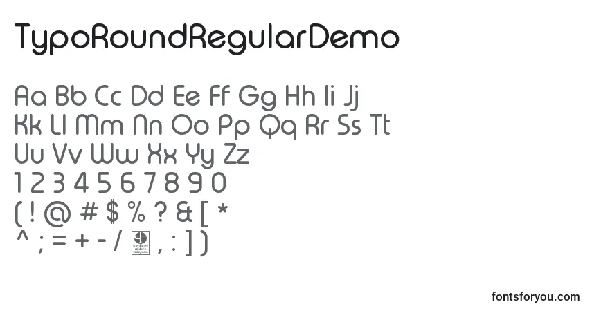 A fonte TypoRoundRegularDemo – alfabeto, números, caracteres especiais