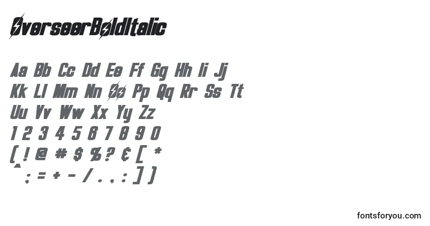 characters of overseerbolditalic font, letter of overseerbolditalic font, alphabet of  overseerbolditalic font