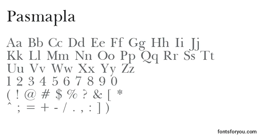 Schriftart Pasmapla – Alphabet, Zahlen, spezielle Symbole