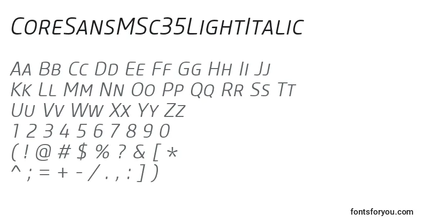 A fonte CoreSansMSc35LightItalic – alfabeto, números, caracteres especiais