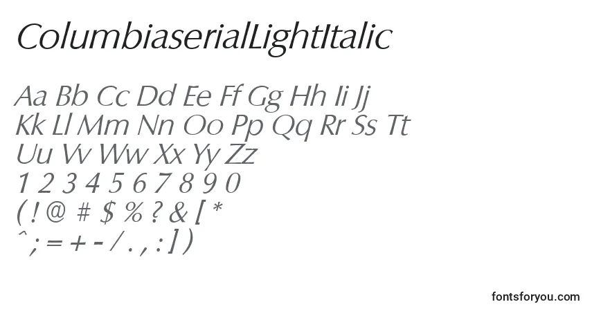 A fonte ColumbiaserialLightItalic – alfabeto, números, caracteres especiais