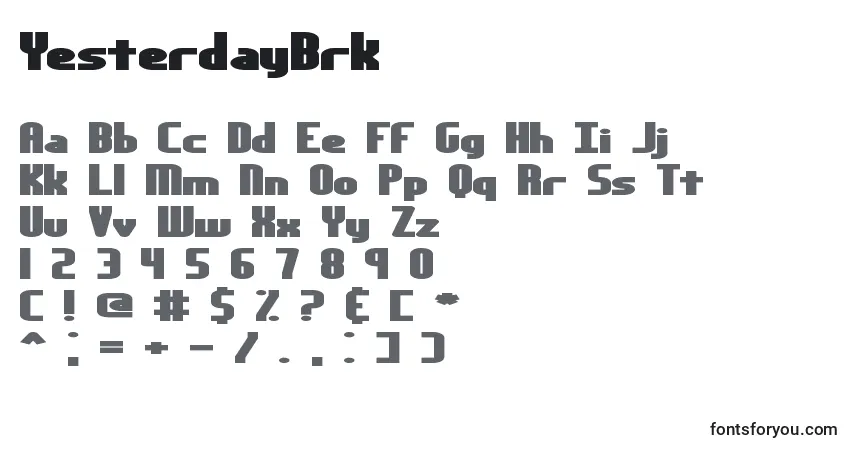 Czcionka YesterdayBrk – alfabet, cyfry, specjalne znaki