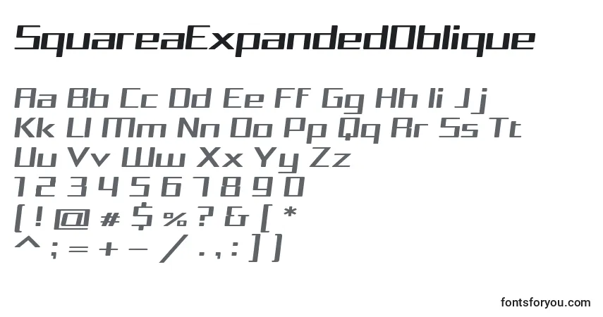 Czcionka SquareaExpandedOblique – alfabet, cyfry, specjalne znaki