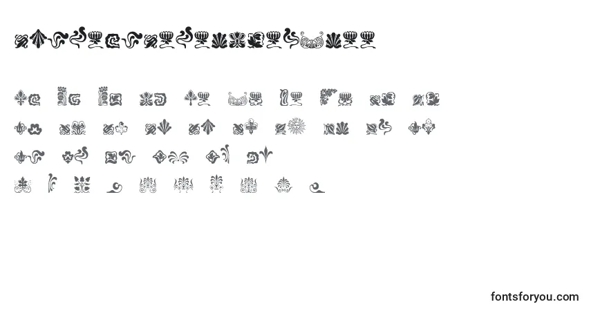 Czcionka NouveauNeverDiesFree – alfabet, cyfry, specjalne znaki
