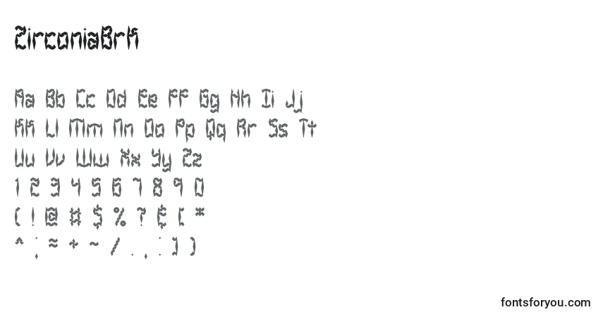 Schriftart ZirconiaBrk – Alphabet, Zahlen, spezielle Symbole