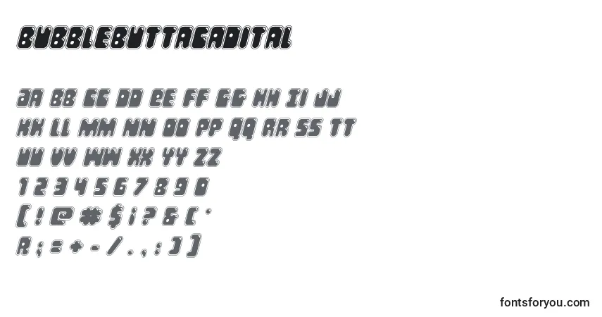 Czcionka Bubblebuttacadital – alfabet, cyfry, specjalne znaki
