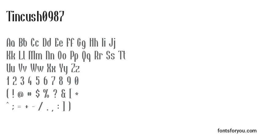 Czcionka Tincush0987 – alfabet, cyfry, specjalne znaki